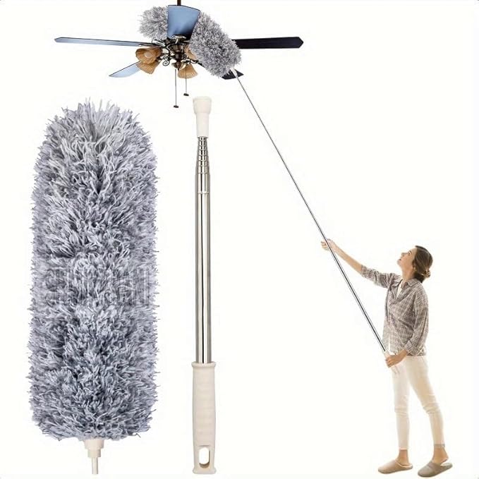 Microfiber Feather Duster Bendable & Extendable Fan Cleaning Duster with 100 inches Expandable Pole Handle Washable Duster for High Ceiling Fans, Window Blinds, Furniture .