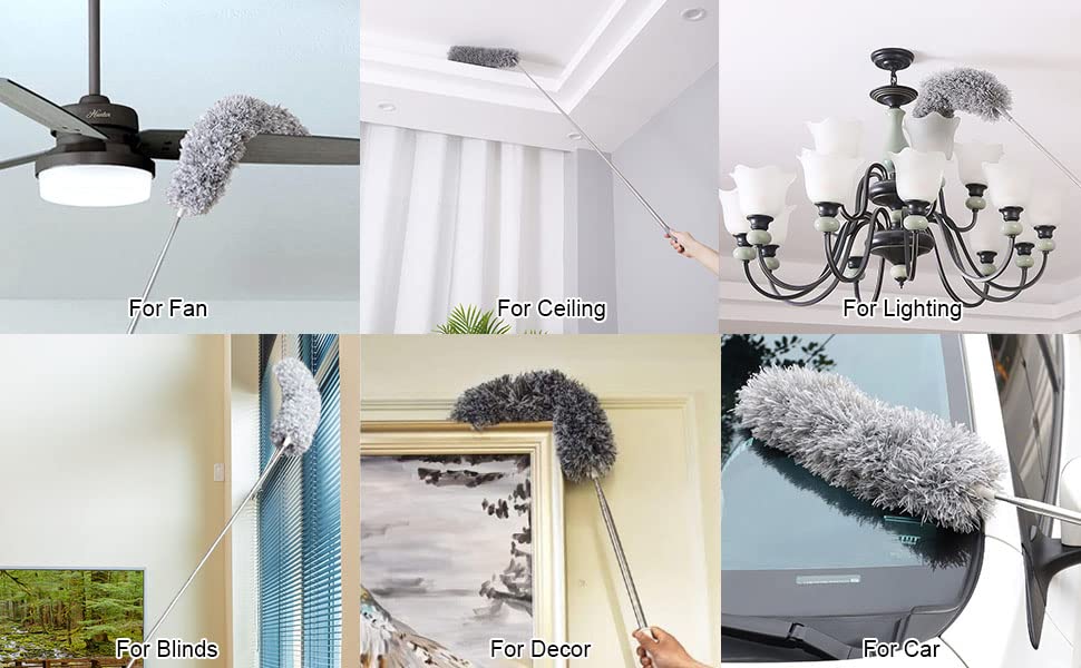 Microfiber Feather Duster Bendable & Extendable Fan Cleaning Duster with 100 inches Expandable Pole Handle Washable Duster for High Ceiling Fans, Window Blinds, Furniture .